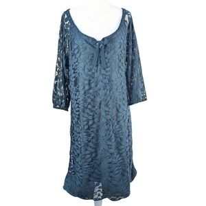 Garnet Hill Bohème Dress Sz 12 Dark Teal Ivy Lace 3/4 Sleeve Tied Scoop Neck‎